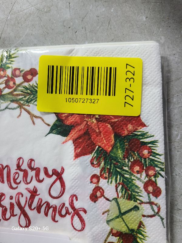 View 2 of 13x13" Christmas Napkins - 20-Pack Double Ply Tissue with Holly Berries & Poinsettias Motifs | 6.5in Folded Party Decor Unscented Dinner Paper