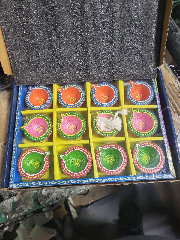 Photo 1 of 12 Pc Set Multicolored Chalk Work Clay Diya | Diwali Pooja Handmade Dia | Terracotta - Natural EARTHEN Diya - Handpainted