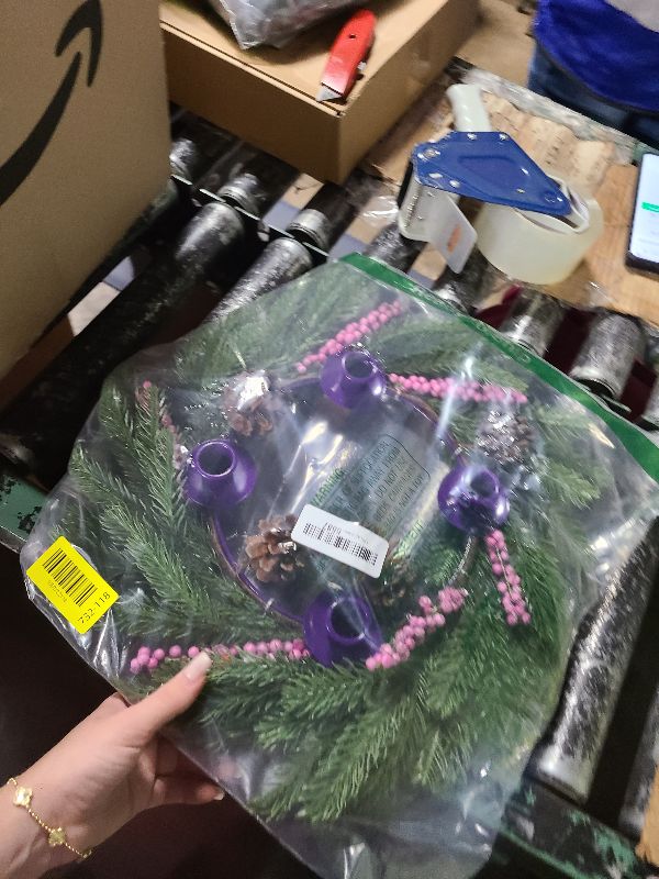 Photo 1 of [ Safety Fire Retardant ] Christmas Advent Wreath, Purple Christmas Wreaths with 4 Candle Holder 4 Pinecones 6 Berry Christmas Centerpieces Decorations for Advent Church Table Holiday Home(No Candles)