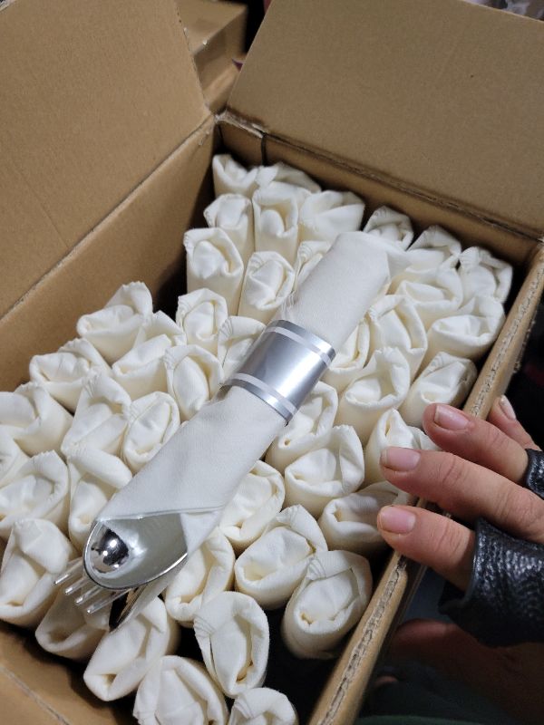 Photo 1 of WELLIFE 50 Pack Silver Plastic Silverware,Wrapped Silverware Set Disposable,Hammer Pattern Design,Includes:50 Forks, 50 Knives, 50 Spoons, 50 Napkins,Utensils Plastic Disposable for Christmas