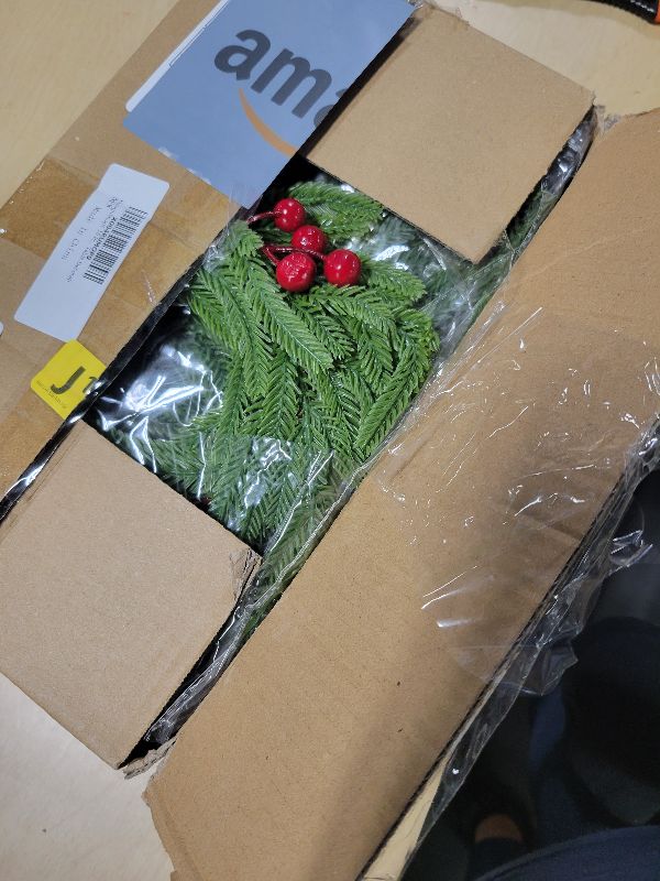 Photo 1 of 16 Pcs Norfolk Pine Christmas Candle Rings with Red Berry, Artificial Evergreen Candle Ring Holder for Table Centerpieces, Mini Wreaths for Pillar Candles Cabinets Kitchen Windows Christmas Decor