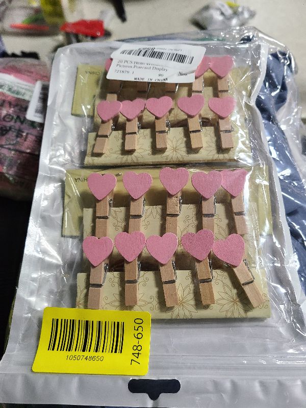Photo 1 of 20 PCS Heart Wooden Clothespins, Pink Mini Clothespins Photo Clips Small Decorative Wood Peg Pin Craft Clips with Cord for Wedding Party Hanging Pictures Postcard Display