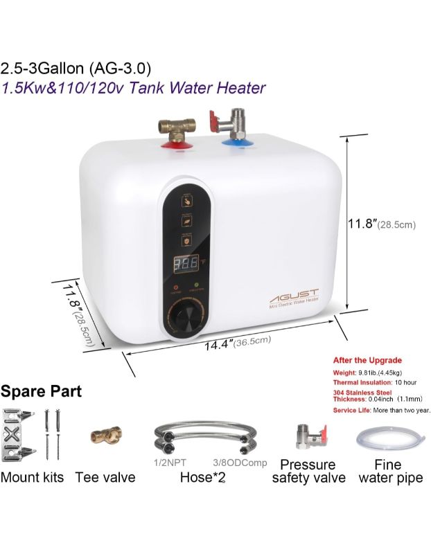 View 1 of 110V-120V 1.5Kw Instant Electric Hot Water Heater Under Kitchen Small Tank 2.5-3.0 Gallon Storage,Rv Trailer Instant Counter Compact Point-of-Use,2 PCs 16” Long 1/2”FIP Stainless Steel Water Hose 11L