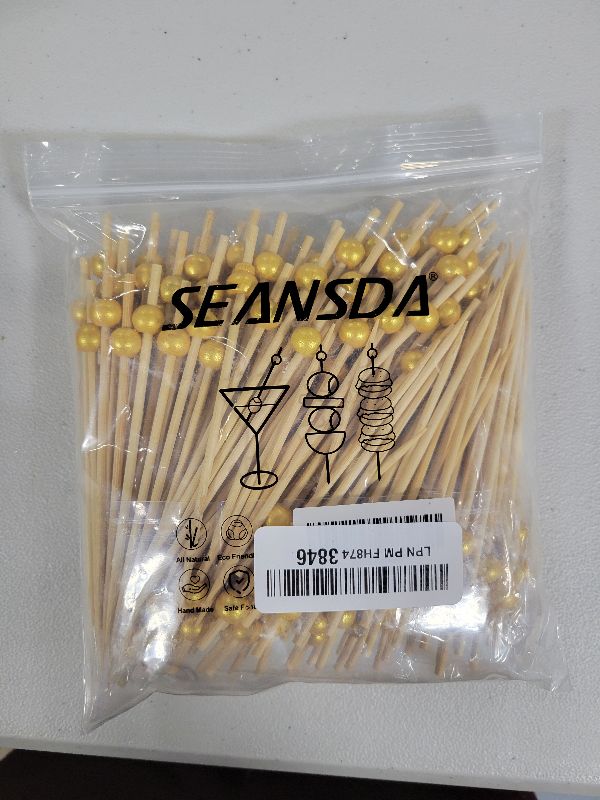 Photo 1 of 200PCS Cocktail Picks, Fancy Toothpicks for Appetizers, Decorative Bamboo Skewers for Appetizers Drinks Fruit, 4.7 Inch Long Wooden Gold Pearl Food Sticks Charcuterie Boards Accessories Party Supplies