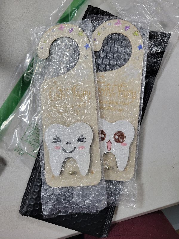 Photo 1 of 2 PCS Tooth Fairy Tooth Holder, Room Decor Tooth Fairy Door Hanger with Money Slot, Keepsake Bag & Elegant Patterns for Lost Teeth, Encourage Gift for Boys & Girls Milk Teeth
