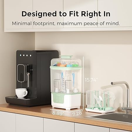 Photo 1 of **MSRP 79.99**Momcozy Bottle Sterilizer , Modular Nesting Space Saving Design, 6 Bottles Capacity, 4 in 1 Compact Sterilizer for Baby Bottles, Breast Pump Parts & Newborn Essentials