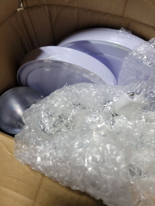 Photo 1 of ?175 Piece Silver Dinnerware Set,25 Silver Rim Plastic Plates, 25 Cups,25 Pre Rolled Napkins with Plastic Silverware, Disposable Dinnerware Set for 25 Guest