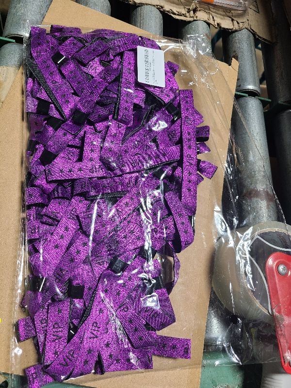 Photo 1 of 100 Pack VIP Metallic Wristbands for Event | Premium Cloth Wristband with Lurex Jacquard Weaving | Shimmering VIP Lettering Wristband for Events, Festivals and Access Control | Purple