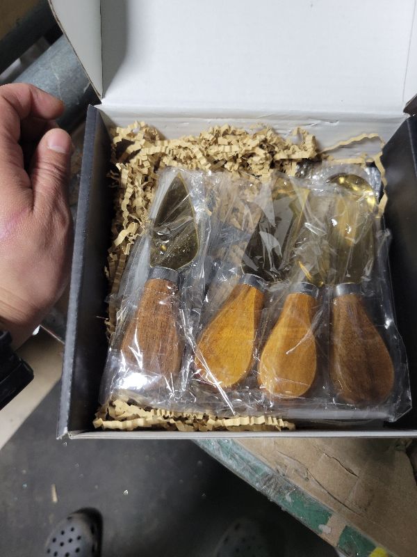 Photo 1 of 19 Pcs Cheese Knife Set Charcuterie Board Accessories Acacia Wood Handle Cheese Knife Tongs Spoons Forks Cheese Labels Chalk Markers Christmas Party Wedding(Golden)