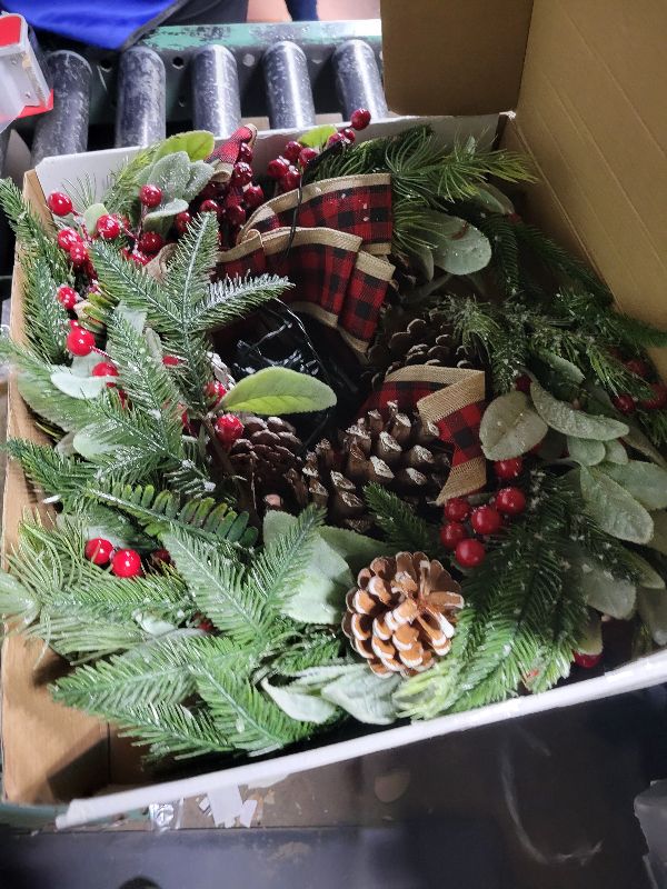 Photo 1 of 24 Inch Christmas Wreath for Front Door with Lights Flocked Lambs Leaves Winter Wreath Bow Pine Needles Pinecones for Indoor Outdoor Xmas Wall Window Holiday Decor