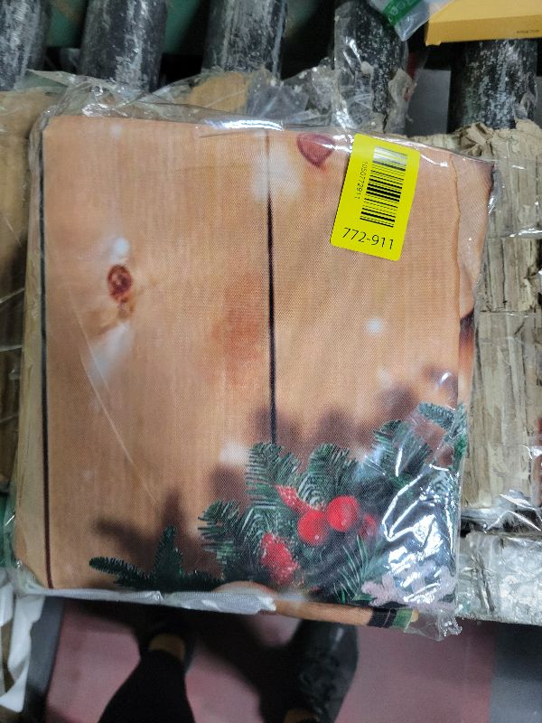 Photo 1 of 10x8ft Christmas Rustic Barn Wood Door Backdrop for Photography Winter Xmas Tree Snow Gift Wall Floor Background Banner Decor for Family Studio Holiday Photo Booth Props Pictures Party Decorations