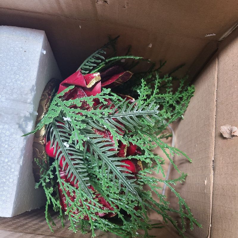 Photo 1 of 12 inch Red Christmas Table Centerpiece 5" Glitter Magnolia Flower and Red Berries Fir Greenery Artificial Christmas Floral Centerpiece in Golden Ceramic Pot Christmas Tabletop Arrangement Decor