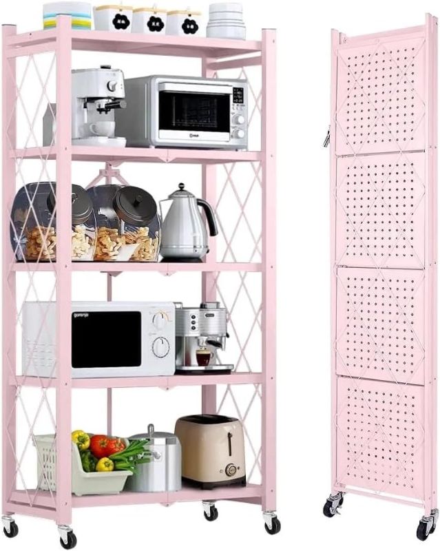 Photo 1 of 5-Tier Folding Storage Shelves with Wheels, Heavy Duty Rolling Metal Wire Shelving Unit, No-Assembly Foldable Bookshelf Utility Rack for Garage, Kitchen, Pantry, Basement (Pink)