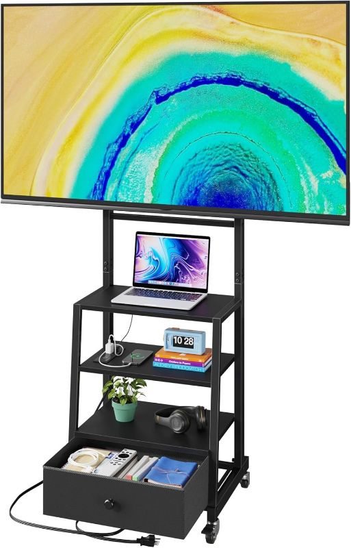 Photo 1 of Rolling TV Stand with Wheels and Mount & Fabric Drawer for 32-75" TV - Entertainment Center with Power Outlet and Small TV Stand for Bedroom, Living Room - 18" Black (VESA 600mm × 400mm)