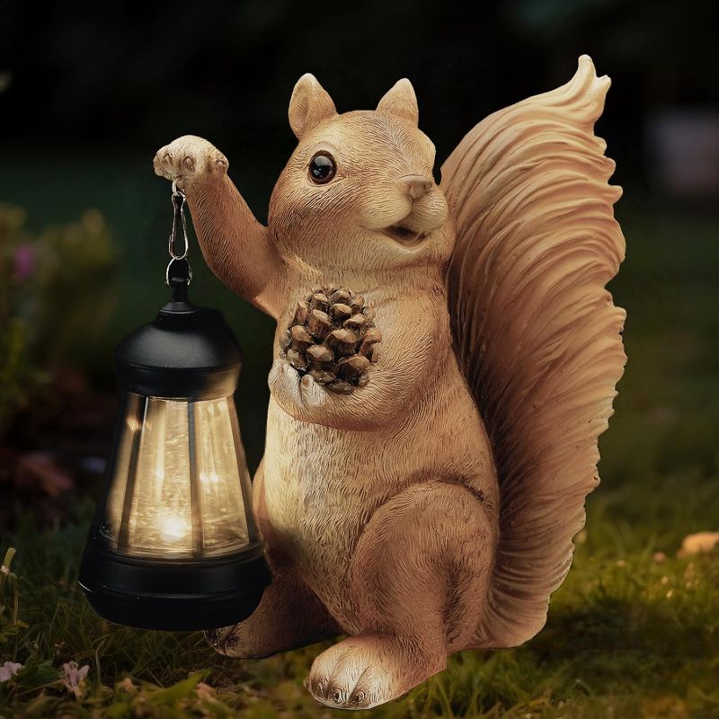Photo 1 of Solar Squirrel Garden Statue Outdoor Decor, Squirrel Sculpture with Lantern for Yard Lawn Patio Balcony, Birthday Housewarming Gifts for Mom, Grandma, Women, Brown,Resin