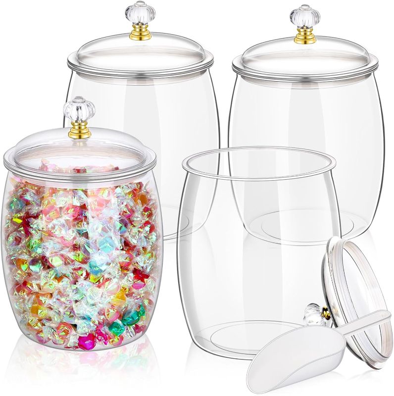 Photo 1 of 4 Pcs Candy Jars With Lids&Spoons 1/2 Gallon Clear Plastic Cookie Container Large Airtight Apothecary Storage Organization Hard Snack Buffet Canister for Wedding Home Décor Kitchen Bar Decoration