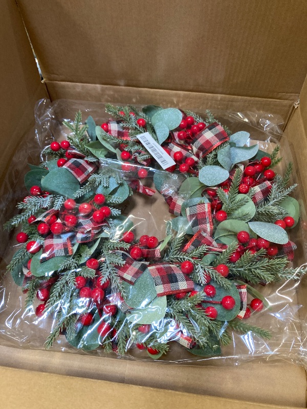 Photo 1 of Winter Green Leaves Wreath, 20 Inch Red Berries Artificial Holiday Wreath with Wooden Panel, for Front Door, Outdoor, Indoor, Farmhouse Holiday Party, Winter Decorations