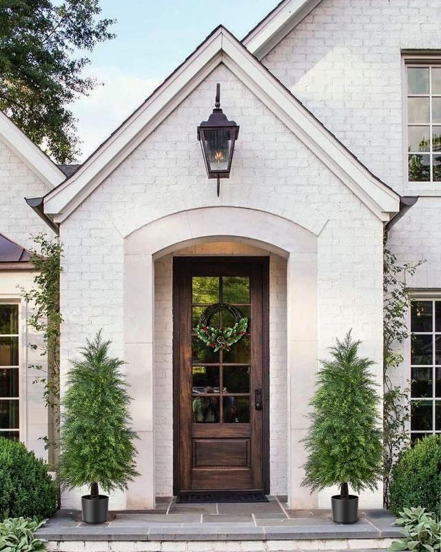 Photo 1 of 2 Pack 4ft Artificial Cedar Topiary Trees for Outdoor Front Porch Décor, UV Rated Fake Potted Plants for Indoor and Outdoor Use
