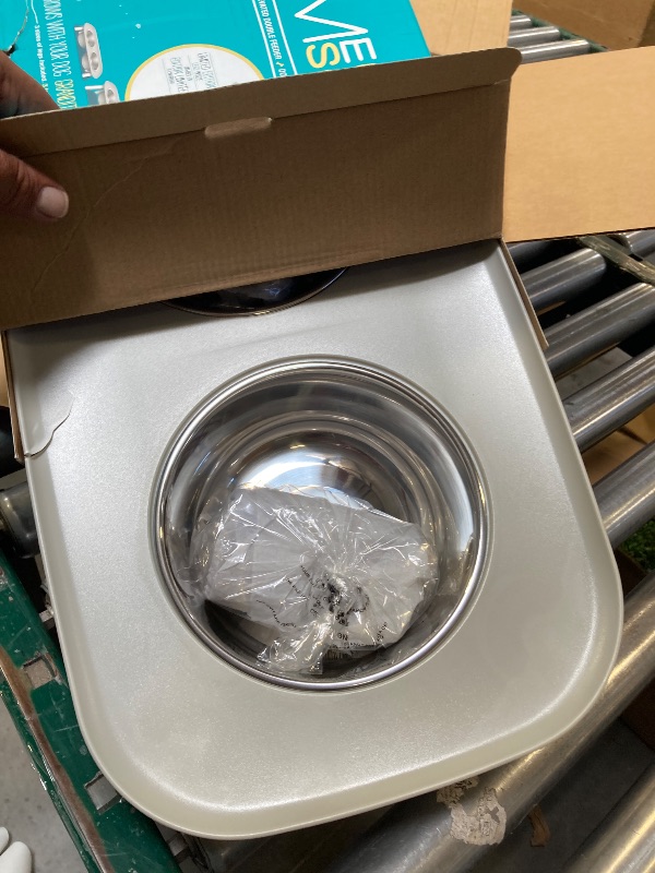Photo 1 of Messy Mutts Elevated Double Feeder with Stainless Bowls | Adjustable Height 3”, 5”, or 10” | Adjustable Standing Feeder for Dogs | 5 Cups per Bowl | Light Grey with Faux Wood Legs