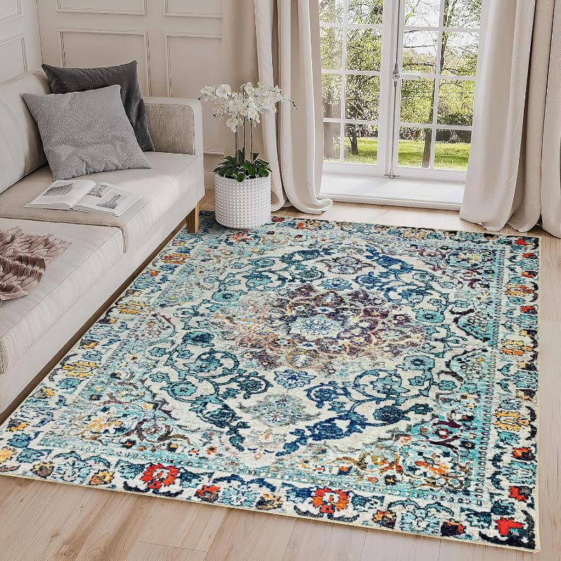 Photo 1 of Easy-Going Large Area Rug 8x10 Washable Boho Rugs for Living Room Non-Slip Bedroom Rug Low Pile Lightweight Medallion Distressed Throw Rug for Dining Room Kitchen Home Office Carpet, Vintage Multi