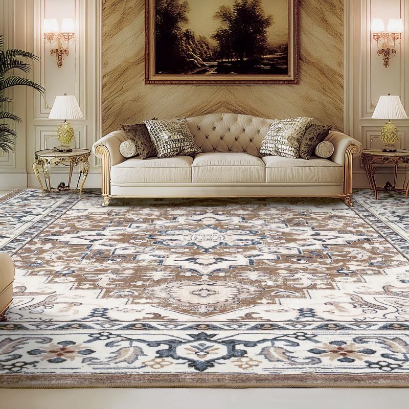 Photo 1 of Lessymo Area Rugs 9x12 Living Room- Large Area Rug Machine Washable Area Rug for Bedroom Living Room, Vintage Rugs Boho Floral Medallion, Non-Slip Rubber, Low Pile, Kid & Pet Friendly, Brown Beige