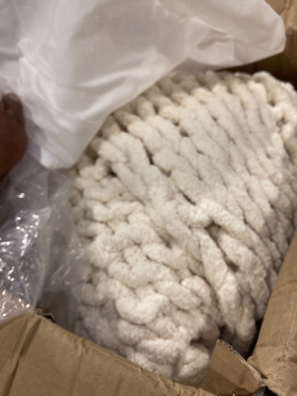 Photo 1 of Adyrescia Chunky Knit Blanket Throw | 100% Hand Knit with Jumbo Chenille Yarn (50"x60", Cream White)