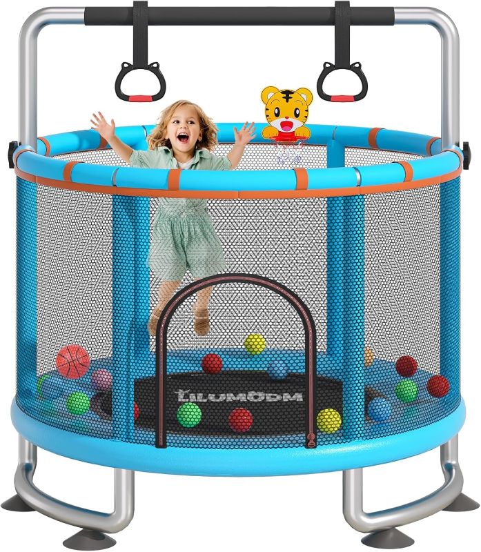 Photo 1 of 55" Toddler Trampoline for Kids,LILUMUDM Indoor Outdoor Trampoline with Enclosure Net, Adjustable Gymnastics Bars,Basketball Hoop,Baby Trampoline Jumping Mat Birthday Gifts for Children Boy Girl.