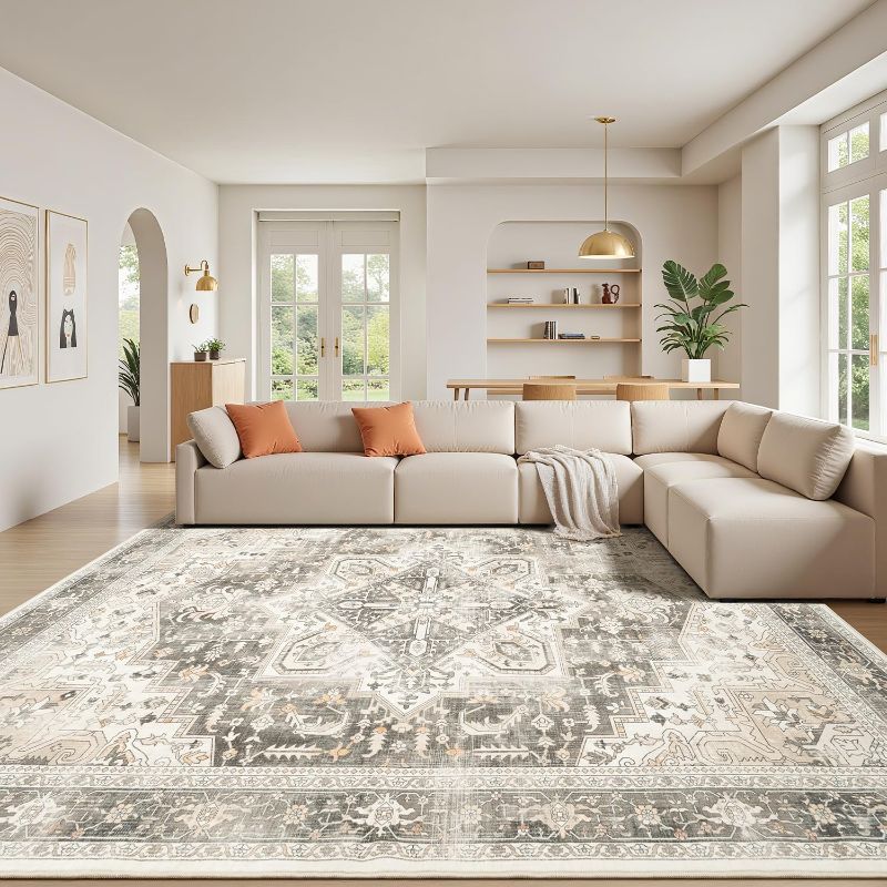 Photo 1 of Rugflix 9x12 Area Rugs for Living Room, Machine Washable Rug Non Slip Stain Resistance, Large Rug Vintage Distressed Soft Carpet for Bedroom, Dining Room, Home Office, Beige Grey