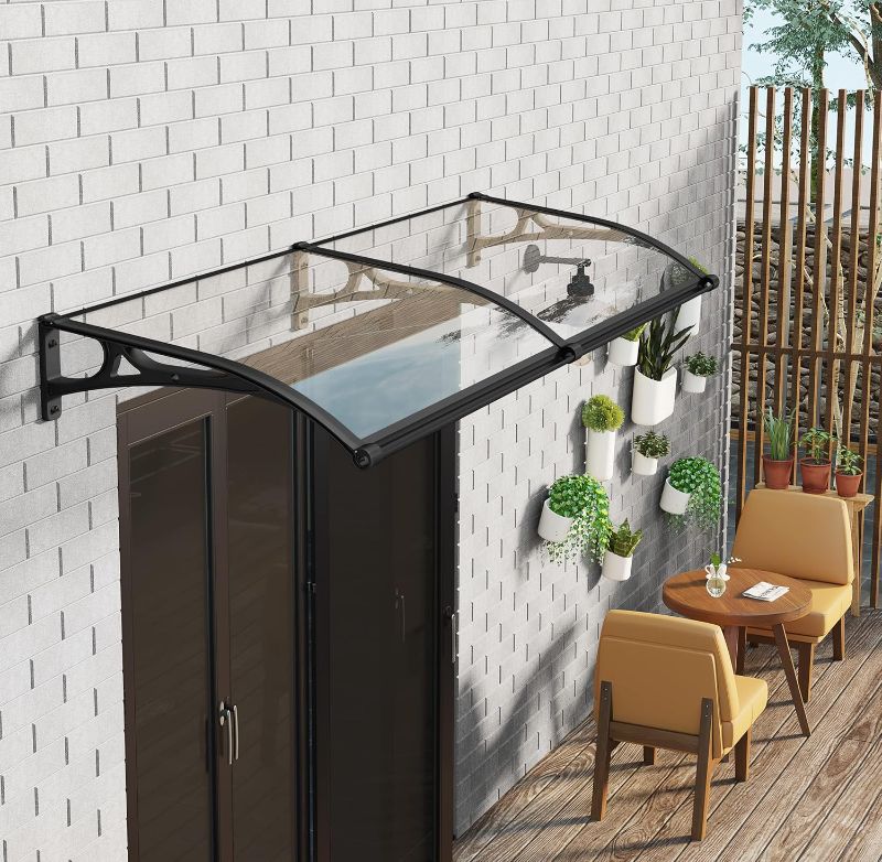 Photo 1 of Window Door Awning Canopy UPF 50+, Aluminum Bracket Polycarbonate Board.Front Doors/Windows Overhang Awning for Sun Shutter, UV, Rain (Black, 32 Inch x 40 Inch)