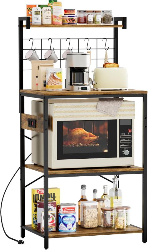 Photo 1 of  Kitchen Baker’s Rack with Power Outlet, 4-Tier Microwave Stand, Coffee Bar with 5 S-Shaped Hooks, Heavy Duty Storage Shelf Unit for Spices, Pots, Rustic Brown