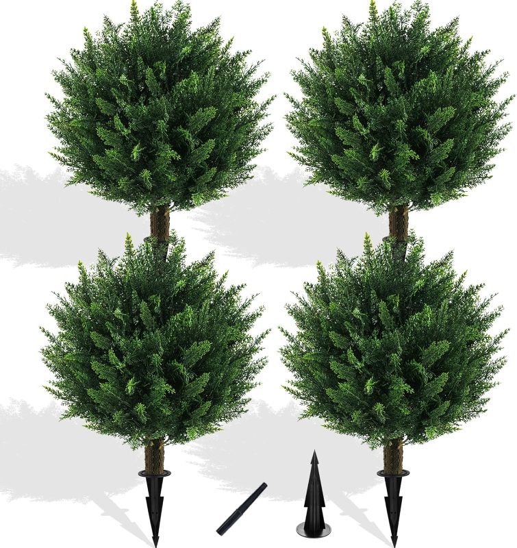 Photo 1 of Artificial Cedar Topiary Ball Tree with Ground Spike, Set of 4 UV Resistant Artificial Bushes for Outdoors Faux Shrubs, Weatherproof Fake Round Cypress Ball Bushes Plant for Front Porch