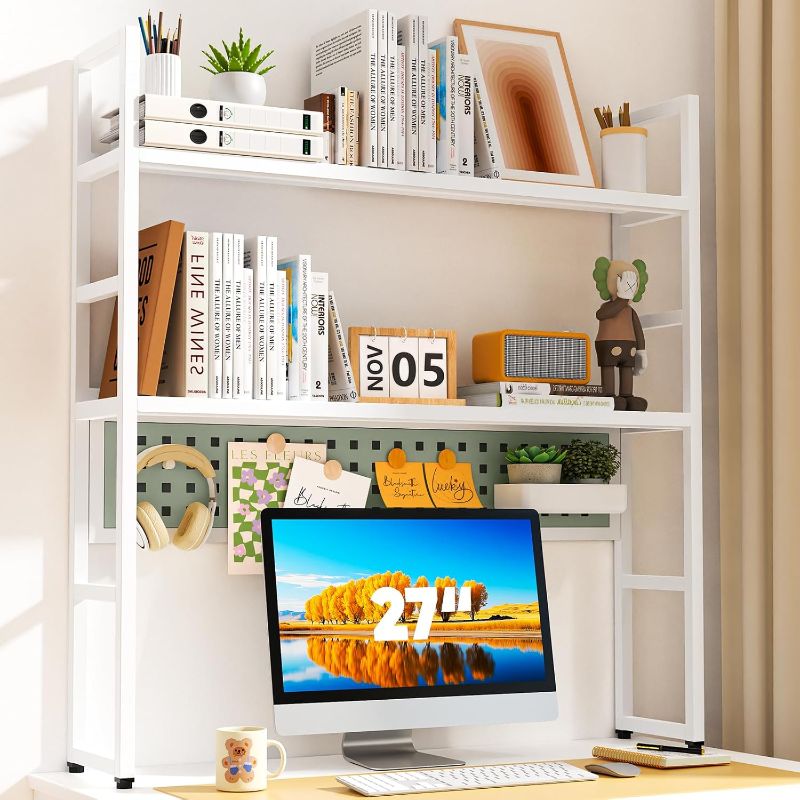 Photo 1 of Desk Shelf, 35.43" Desk Hutch Bookshelf, Desktop Shelf with Pegboard for Computer Monitor, Metal Desktop Hutch Storage Organizer for Dorm Home Office, 2 Tier Bookcase, White