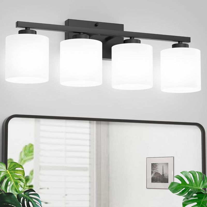 Photo 1 of Honesorn 4-Light Vanity Lights, Matte Black with Frosted Shade & Nickel Finish, Modern Bathroom Over Mirror Lighting