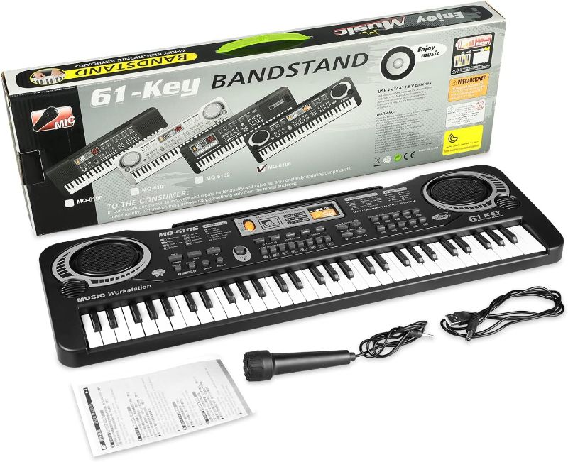Photo 1 of 61 Key Piano Keyboard, Beginner Electronic Keyboard for Kids with Teaching Mode, 6 Demo Songs, 16 Tones, Microphone and Power Supply, Kids Piano Keyboard for Birthday Gift/Christmas Gift