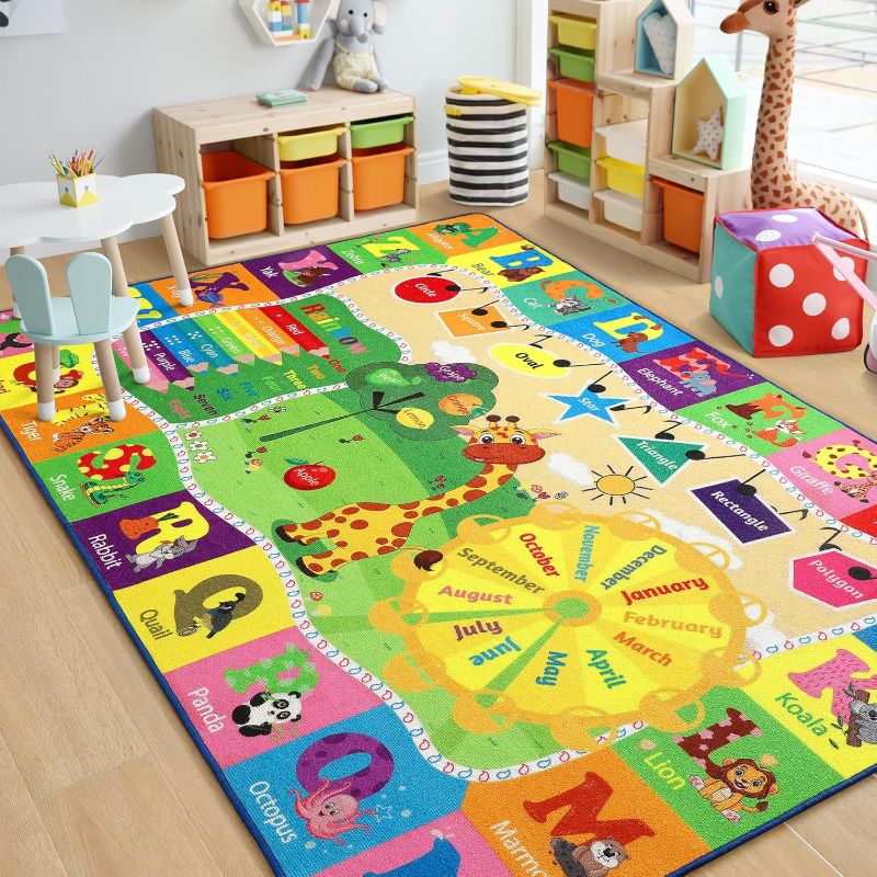 Photo 1 of Chicrug Educational Kid Area Rug for Playroom, 5x7 Feet TPR Non Slip Kids Classroom Carpet Rug for Learning ABC Animal, Shape Color Fruit, Washable Play Mat Rug for Children Nursery Toddler Room Decor