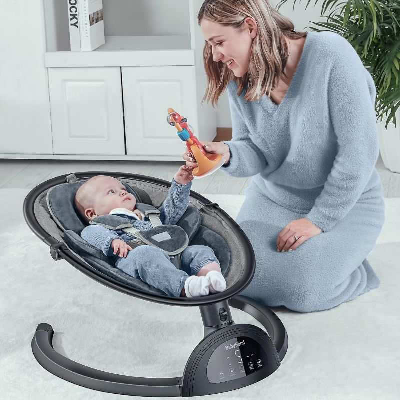 Photo 1 of BabyBond Baby Swings for Infants, Bluetooth Infant Swing with Music Speaker, 3 Seat Positions, 5 Point Harness Belt, 5 Speeds and Remote Control - Portable Baby Swing for Indoor and Outdoor (Black)