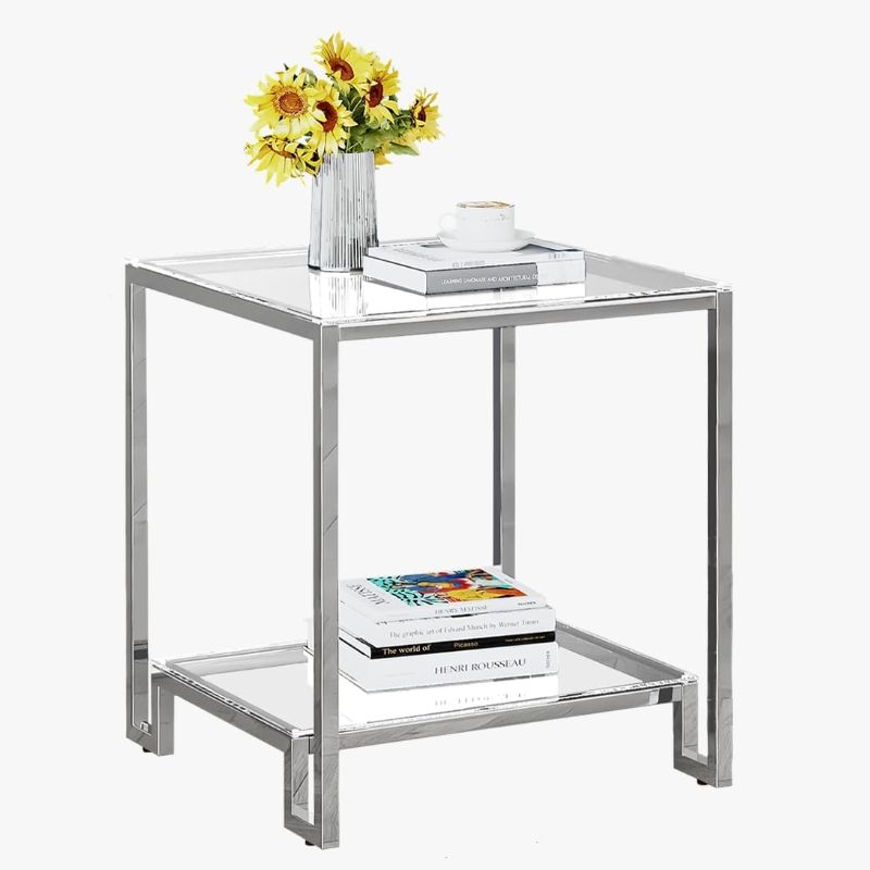 Photo 1 of 2 Tier Square End Table Side Table with Tempered Glass Top and Silver Stainless Steel Frame Modern Night Stand for Small Spaces Side Table with Storage for Living Room Bedroom
