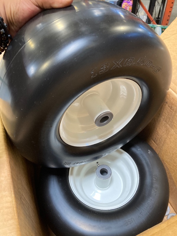 Photo 1 of 13x6.50-6 Lawn Mower Tires Flat Free Tire and Wheel with Rim, Solid Smooth Rubber for Zero-Turn Mowers, 5.5"-7.72"Centered Hub and 3/4" extra 5/8" 1/2" Bushings(Yellow) 