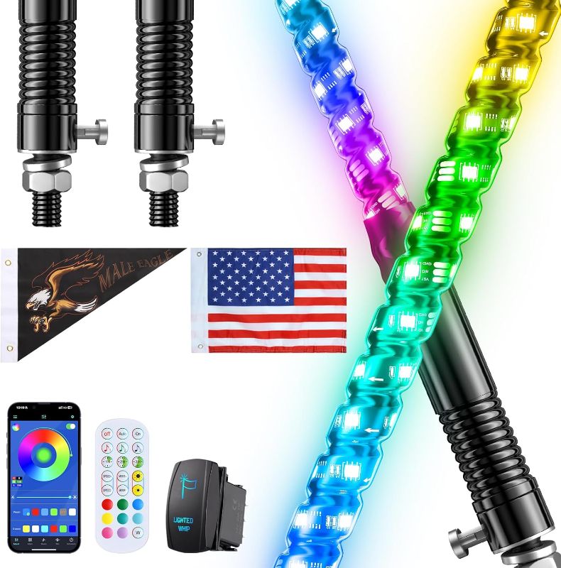 Photo 1 of 2 PCS 3FT Whip Lights with Spring Base, APP & Remote Control Led Whip Lights for Side by Side, Spiral RGB Chasing Lighted Whips with Rocker Switch, Music Led Whips for UTV ATV RZR SXS Can-Am
