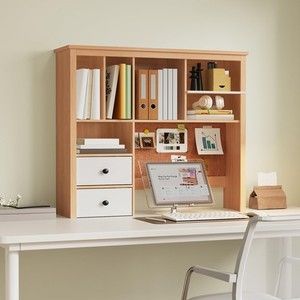 Photo 1 of Desktop Hutch Bookshelf with Cork Board for Photos and Reminders, Maple Desk ...
