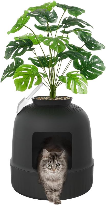 Photo 1 of Lifewit Litter Box Cat with Faux Plant & Scoop, Hidden Enclosure Litter Tray with Odor Control & Carbon Filter in Living Room, Bedroom, Corner, Black
