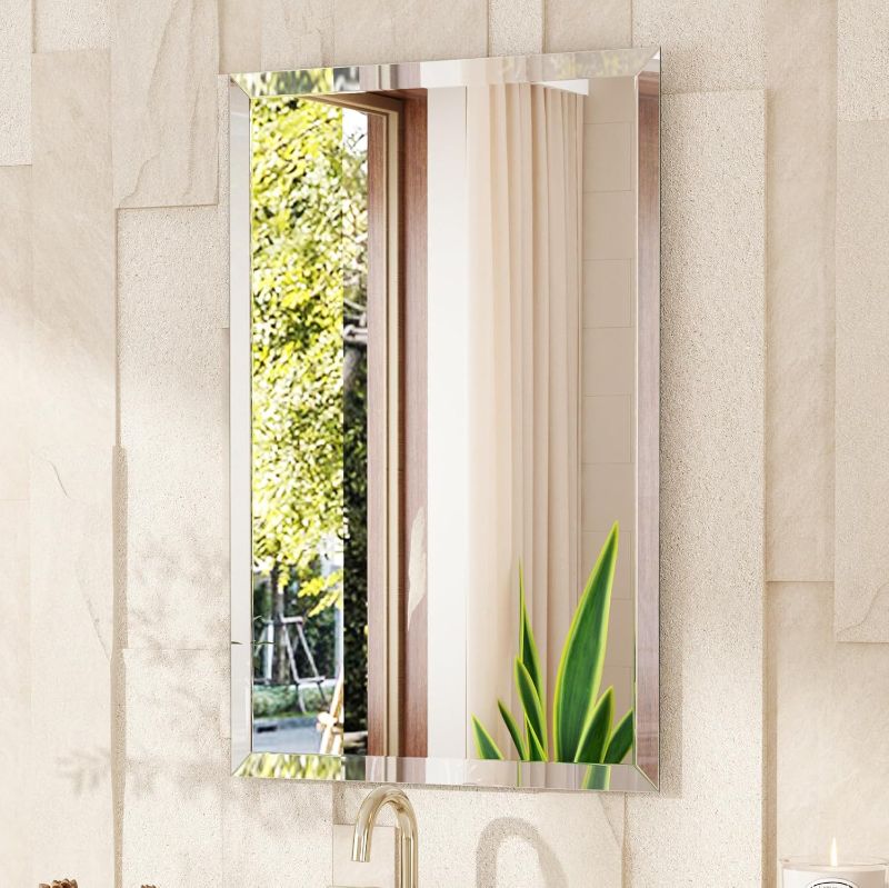Photo 1 of VocalStar Frameless Bathroom Mirror, 18" x 26" Rectangle Wall Mirror with Beveled Edge, Modern Decorative Vanity Mirrored for Living Room, Entryway, Bedroom | 1/4-Inch Shatterproof Glass
