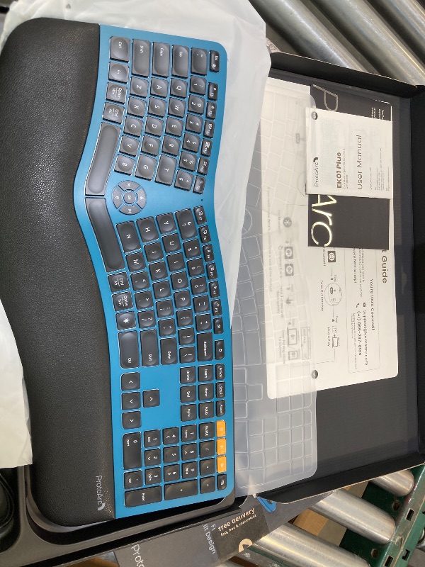 Photo 1 of ProtoArc Backlit Bluetooth Ergonomic Keyboard, EK01 Plus Full Size Wireless Split Keyboard with Dual Bluetooth and USB, Cushioned Wrist Rest, Rechargeable, Compatible with Windows/Mac/Android, Blue
