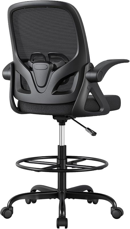 Photo 1 of Tall Drafting Chair with Lumbar Support and Footrest Ring, Supportive Tall Extended Height Ergonomic Desk Chair for Home Work, Breathable Mesh Office Chair with Flip up Arms(Black)

