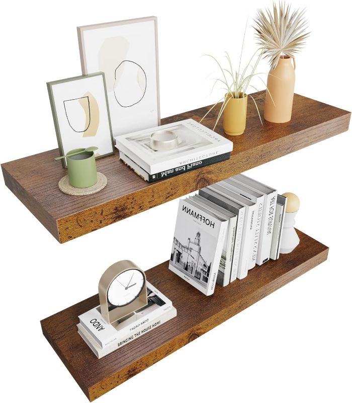 Photo 1 of Colima 24" Modern Wood Floating Shelves, 2-Pack, 1.3" Thick, Wall Mounted, 50 lbs Capacity, Bedroom, Bathroom, Kitchen
