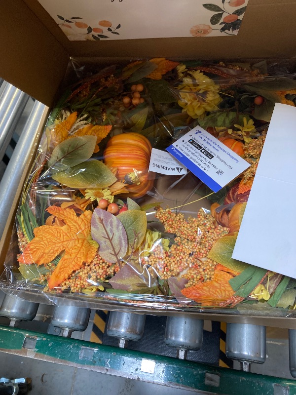 Photo 1 of 24 Inch Thanksgiving Fall Wreath, Autumn Wreath for Front Door with Maple Leaves, Oak Leaves, Pumpkins Berries, for Home Outside/Indoor Wall Window Festival Decor Halloween Wreaths 