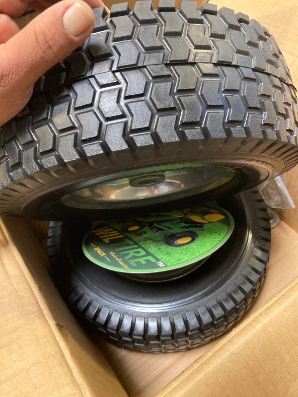 Photo 1 of 13x5.00-6 Flat Free Tire and Wheel Assemblies (2 Pack),13 x 5 x 6 Solid Rubbe Tires and Wheel for Riding Lawn Mower - With 3/4" Bushings (Extra 5/8" Bushings) and 3" Centered Hub (Gray) 