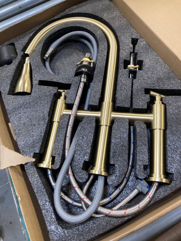 Photo 1 of ARRISEA Gold Bridge Kitchen Faucet with 3 Mode Pull-Down Sprayer 2 Handle 8 Inch Faucet for Kitchen Sinks 3 Hole Kitchen Sink Faucet, Fingerprint Resistant Spot Free 