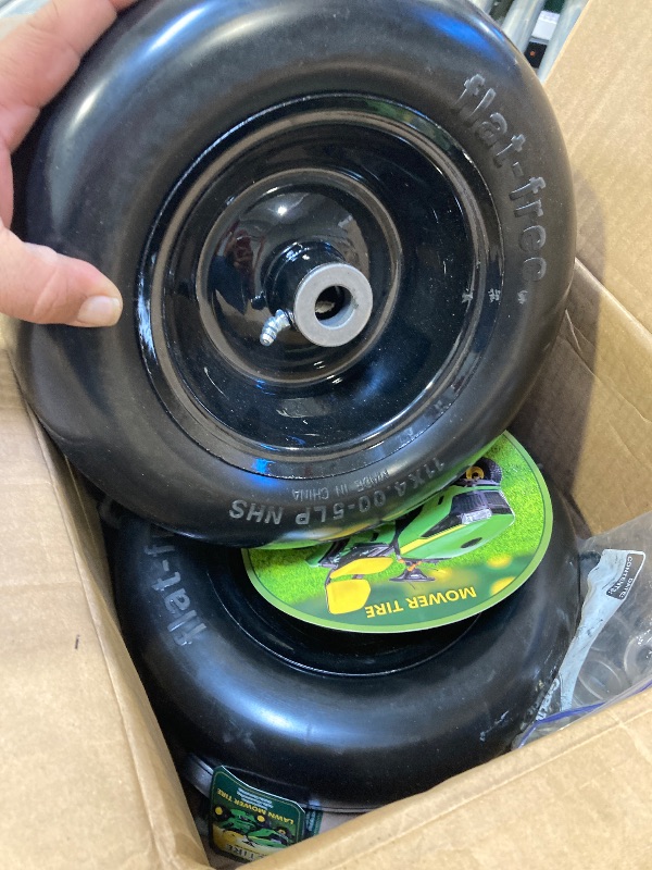Photo 1 of 11x4.00-5 Flat Free Tire and Wheel (2 Pack),Universal 11x4-5 Solid Smooth Tractor Turf Tire with Rim, 3.4" Centered Hub and 3/4" & 5/8" Bushing, For Zero Turn Mowers and Riding Lawn Mower 