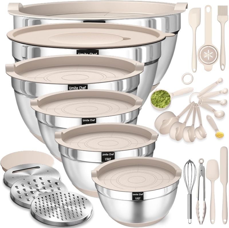 Photo 1 of Mixing Bowls with Airtight Lids Set, 26PCS Stainless Steel Khaki Bowls with Grater Attachments, Non-Slip Bottoms & Kitchen Gadgets Set, Size 7, 4, 2.5, 2.0,1.5, 1QT, Great for Mixing & Serving
